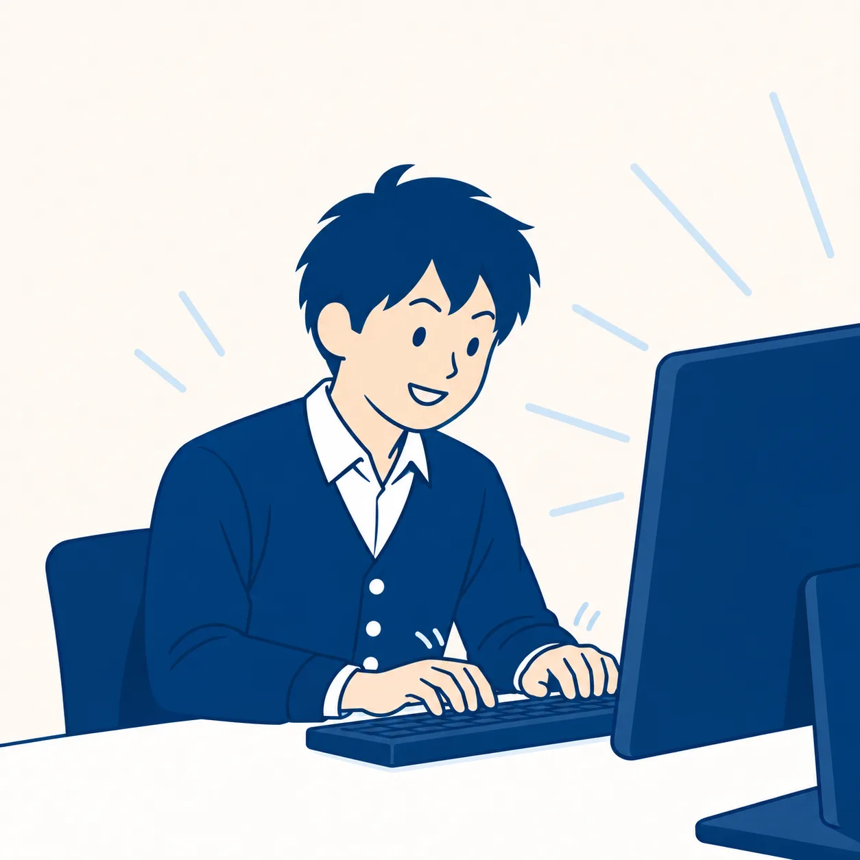 いつもの業務画面に向かい、明るい顔で要望を打ち込む担当者