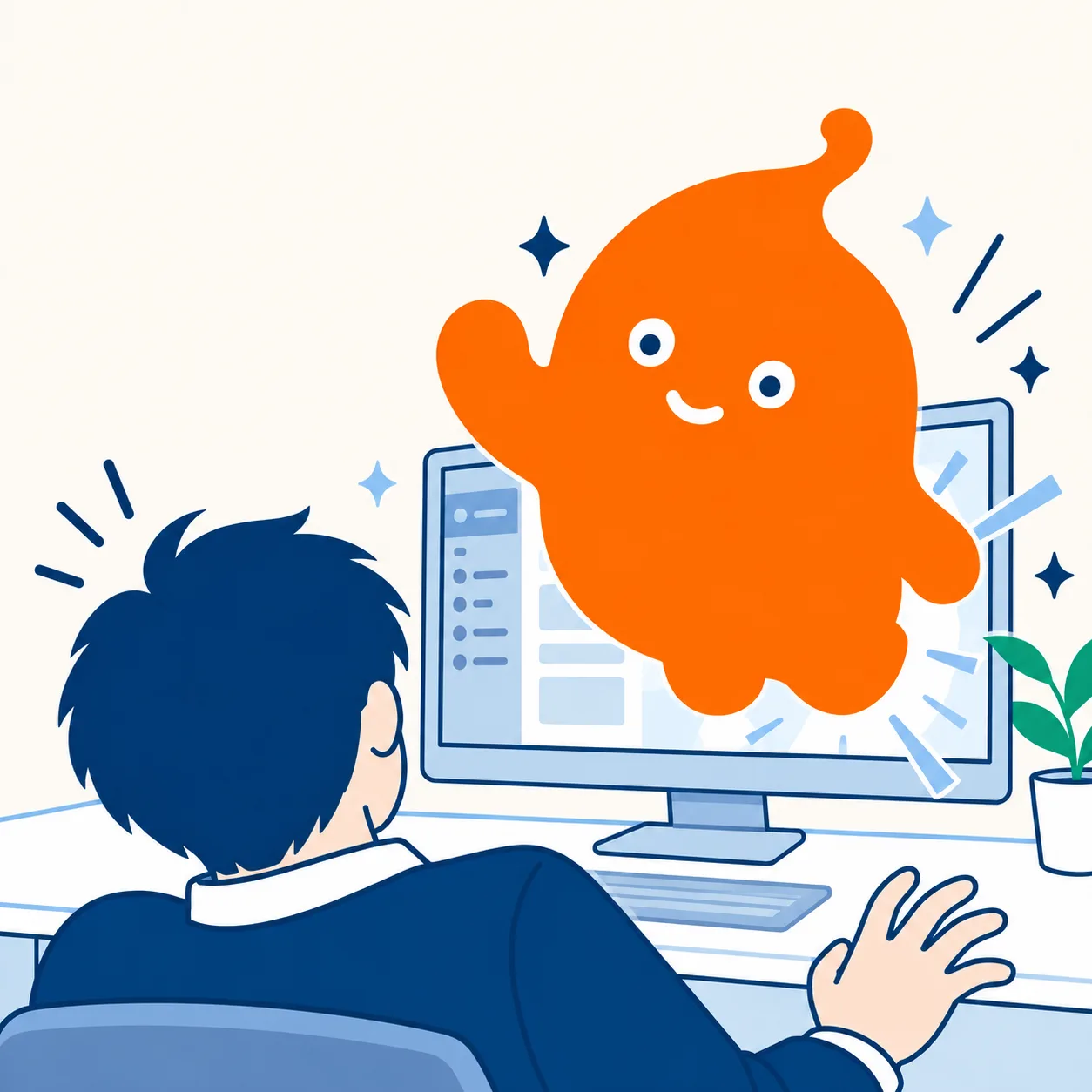画面から飛び出して手を振るしんちゃんと、驚く担当者の後ろ姿