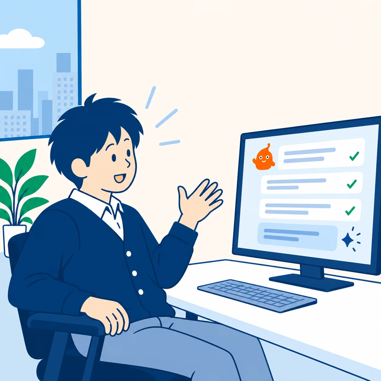 何も持たずに、椅子にもたれて話して答える担当者。画面ではAIとのやりとりが進んでいく