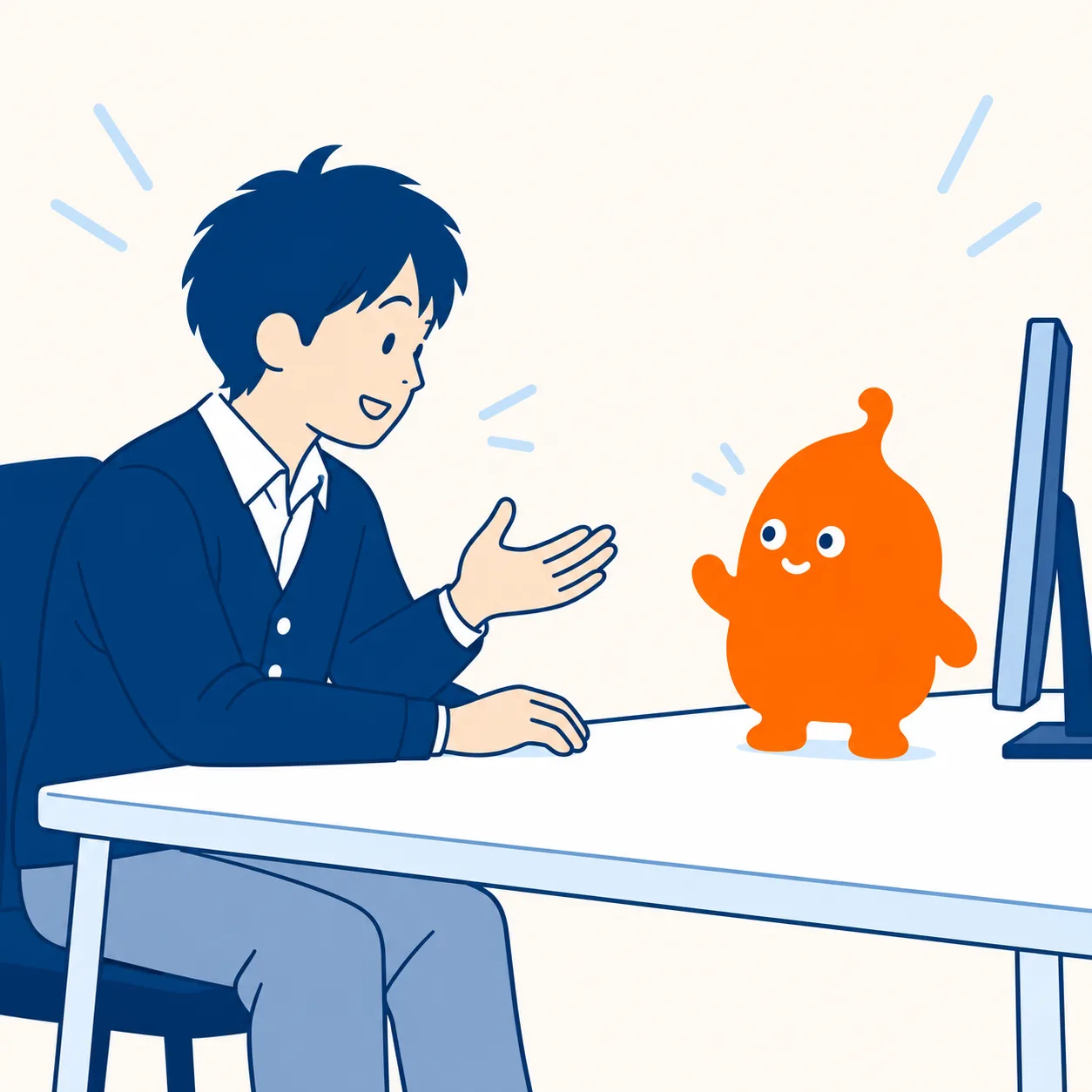 机の上のしんちゃんが理由を3つの選択肢で聞き、担当者が手ぶらで1つを選ぶ