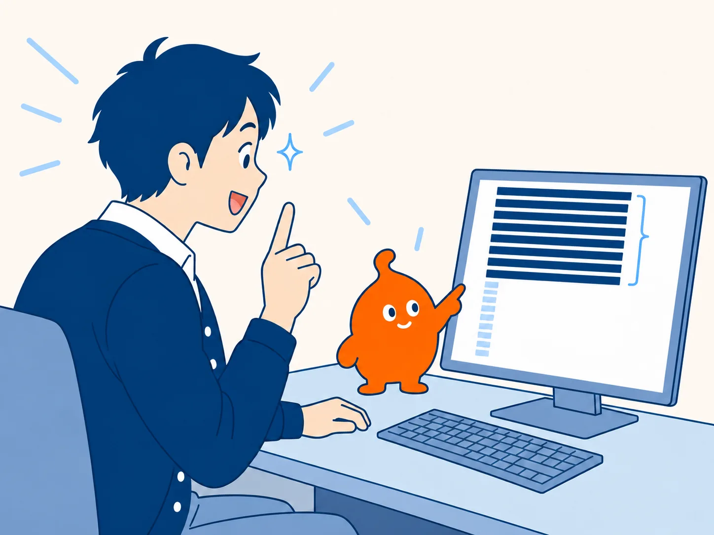 使われている項目の偏りを画面で示すしんちゃんと、なるほどと指を立てる担当者
