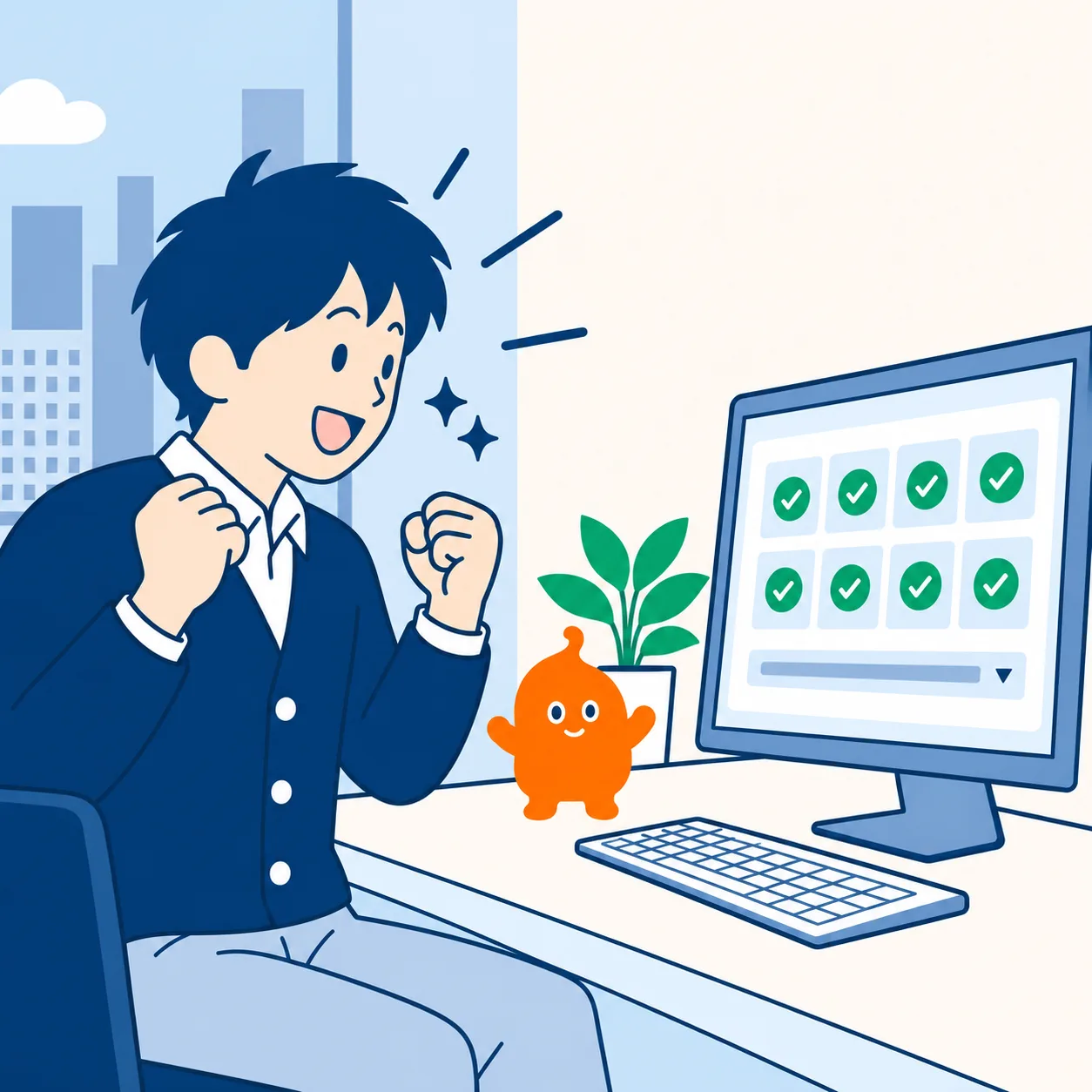 整理された入力画面を見て、両手を上げて喜ぶ担当者としんちゃん
