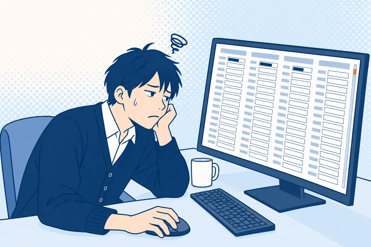 入力項目がぎっしり並んだ業務システムの画面を前に、頬づえをついて疲れた顔の担当者