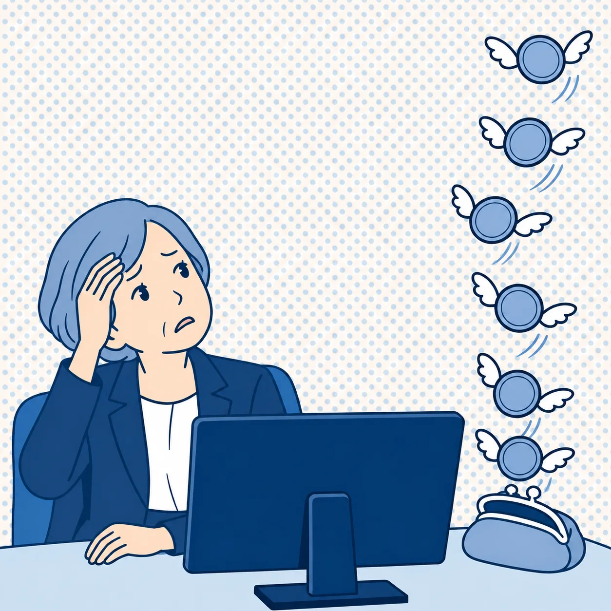 小さな修正にも費用がかかることに頭を抱える経営者。羽の生えた硬貨が飛んでいく