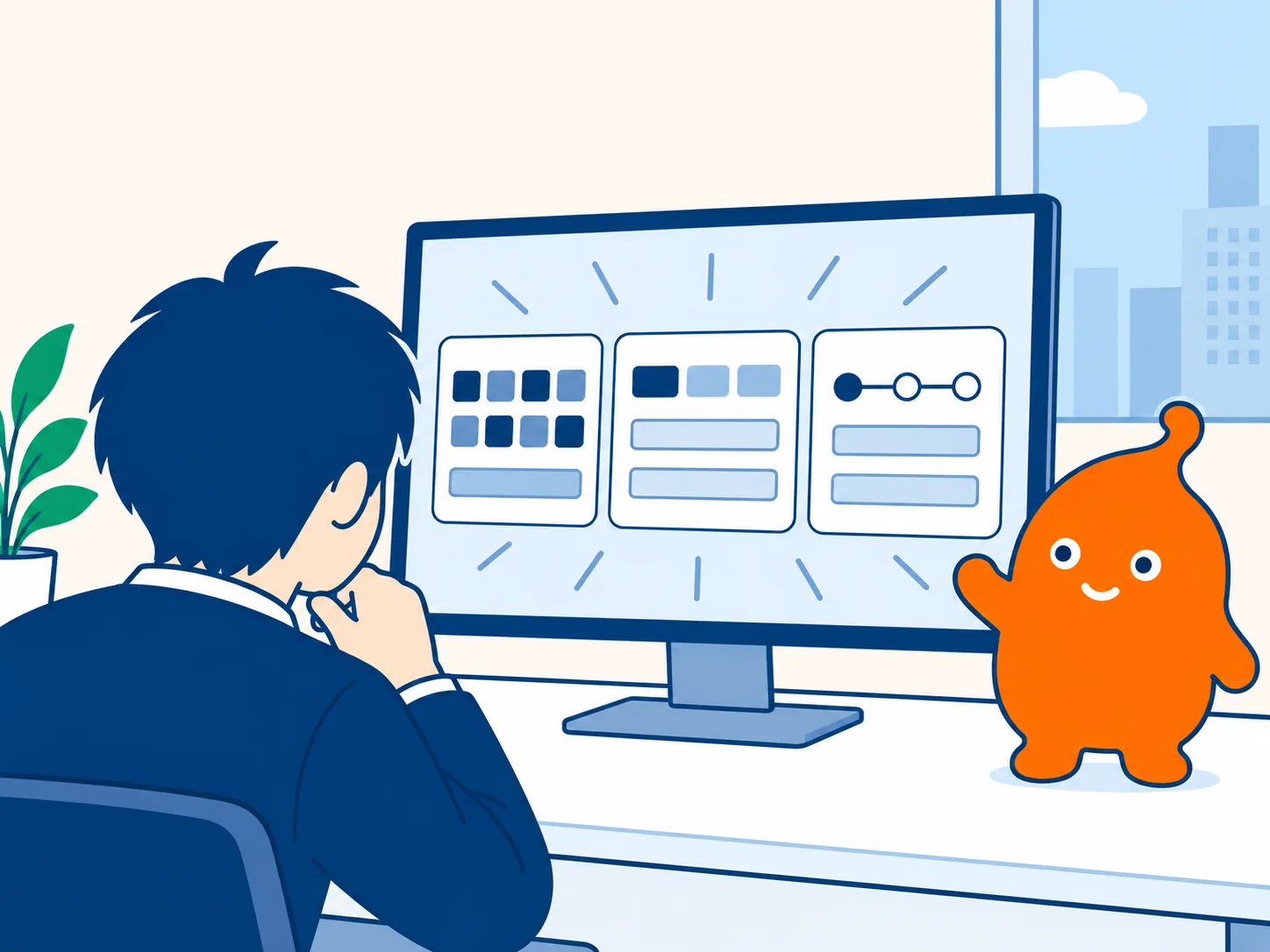 直し方の違う3つの画面案を、しんちゃんが担当者に見せる
