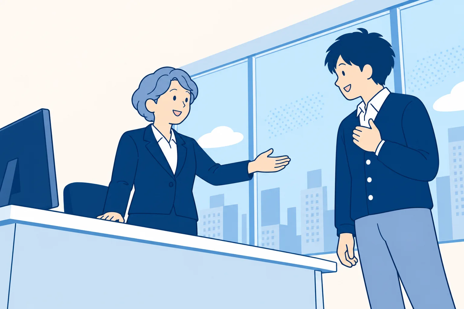経営者が担当者に手を差し向け、承認を伝える