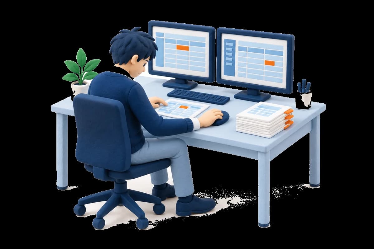 二つの画面と書類を見比べ、同じ情報を転記している担当者