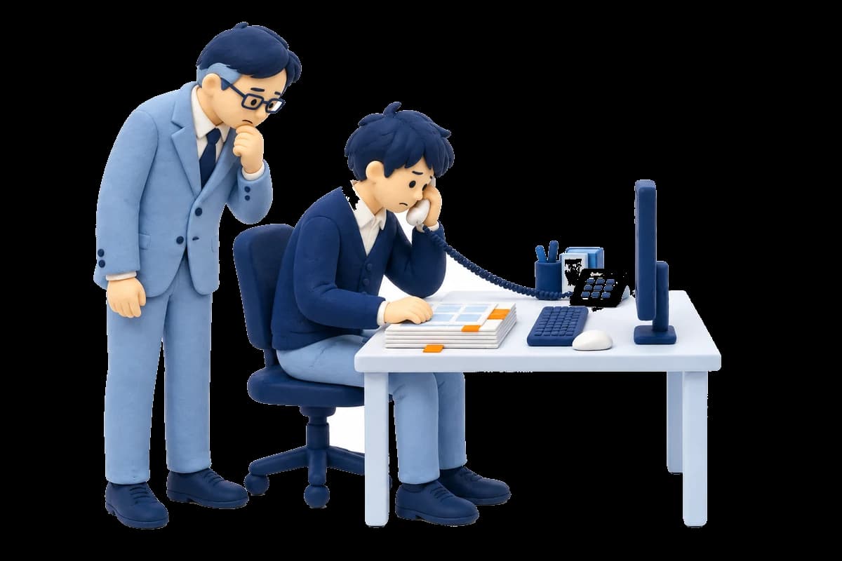 外注先と電話をしながら、たまった改修の要望を前に困る担当者と上司