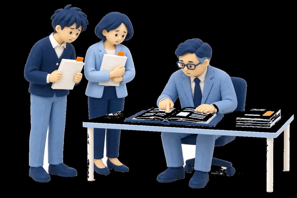 仕組みを知る一人に、複数の担当者が確認を待っている