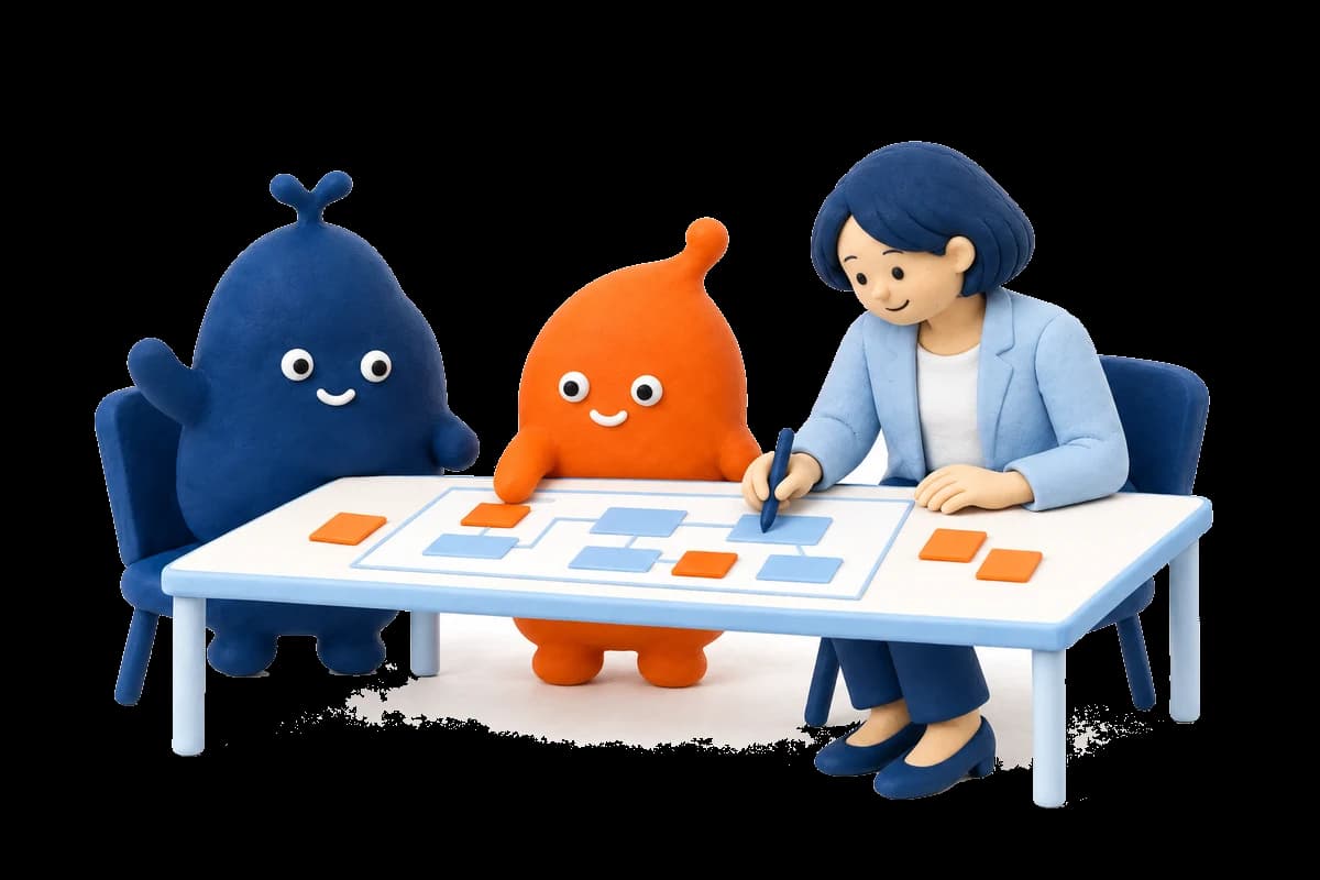 担当者としんちゃん、ゆうくんが同じ資料を囲み、改善の進め方を整理している