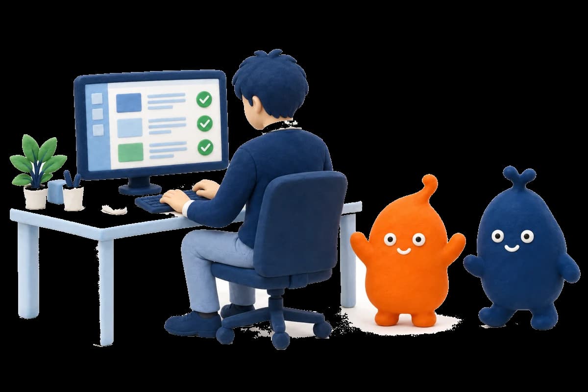 社員が改善を進め、しんちゃんが喜び、ゆうくんが近くで見守っている