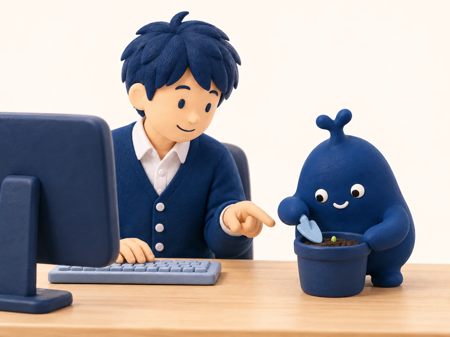 机の上で、ゆうくんが鉢に土を入れている。担当者が隣で見ている。鉢には小さな芽の先だけ